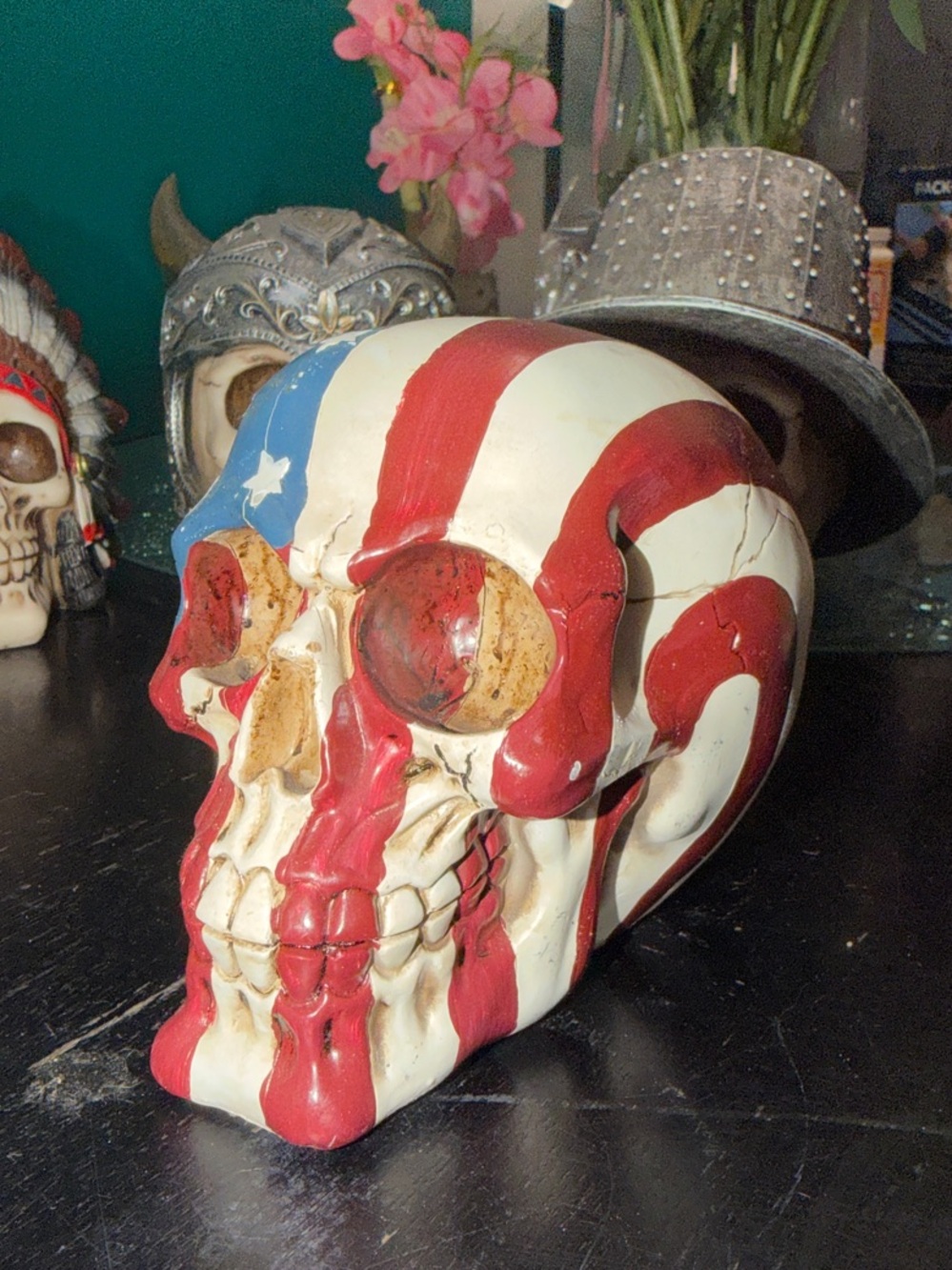 Patriotic Flag Skull Sculpture - Red, White, Blue